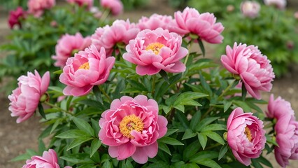 Peonies in Bloom: A vibrant display of pink peonies, showcasing their lush petals and a touch of yellow at the core, in a garden setting. 