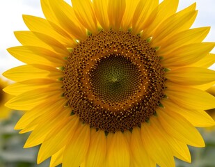 Radiant Sunflower in Bloom: A close-up shot of a vibrant sunflower, its petals a sunny yellow radiating outwards, showcasing the intricate detail of its seed-filled center.