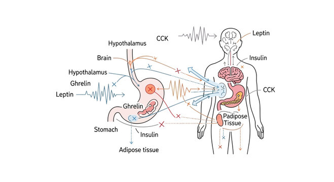 Human body endocrine system regulating appetite hormones: ghrelin, leptin, insulin, CCK