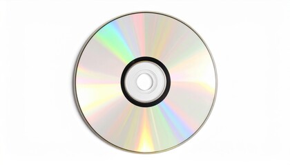 A shiny optical disc reflecting light with a circular design and a central hole