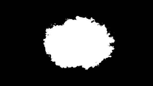 Transitions of white expanding paint stains on black backdrop Grunge Ink spreads and fills the screen. Beautiful black watercolor ink leak drops. 4k video animated