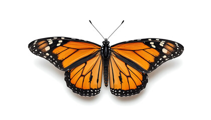 Obraz premium Vibrant orange and black monarch butterfly in flight pose against white background isolated on white background, Vector