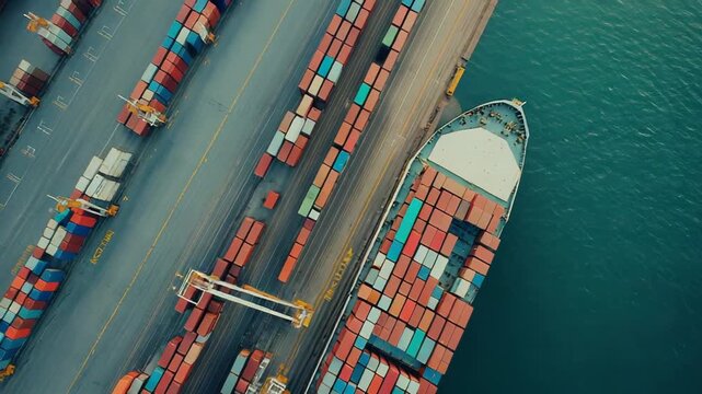 Large container ship docked at an industrial port with cranes loading and unloading colorful shipping containers, illustrating efficient global cargo logistics and supply chain operations
