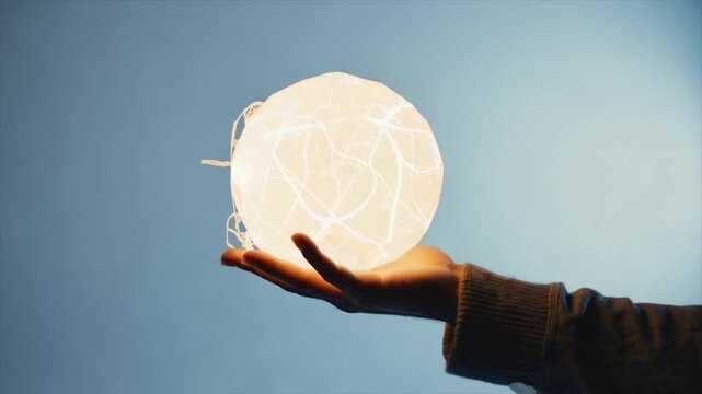 A hand holds a glowing orb, crisscrossed with blue energy, against a gradient blue backdrop