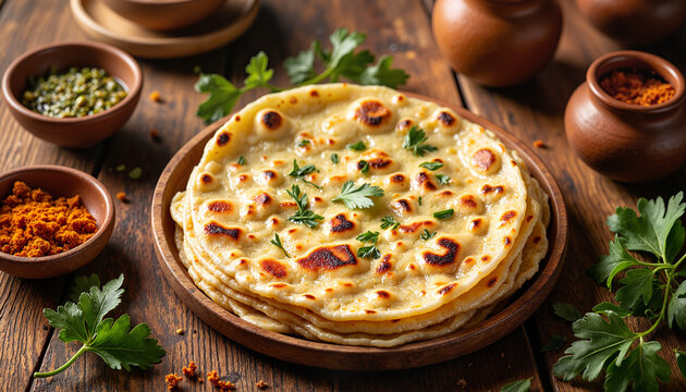 Freshly baked flatbreads garnished with herbs, stacked on a rustic wooden table with spices for an authentic homemade culinary experience concept