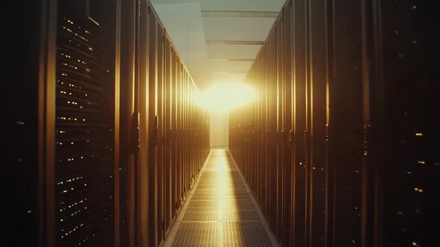 Modern data center interior with rows of servers and mainframes powering cloud computing, storage, networking and ai driven analytics for global digital services and infrastructure
