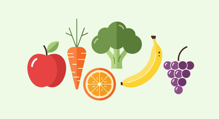 Colorful Fresh Fruits and Vegetables Flat Vector Illustration Set © basi