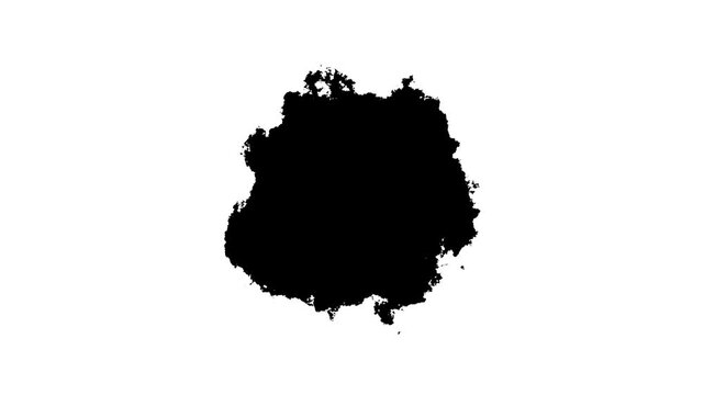 Transitions of black expanding paint stains on white backdrop Grunge Ink spreads and fills the screen. Beautiful black watercolor ink leak drops. 4k video animated