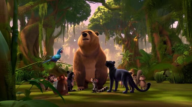 Animated jungle animals meeting featuring a bear panther lemur and monkeys in a lush rainforest setting cartoon style