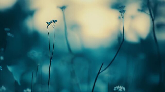 Delicate wildflowers stand tall, their tiny blossoms creating a serene and ethereal scene, bringing a sense of calm and natural beauty to the viewer through their understated elegance
