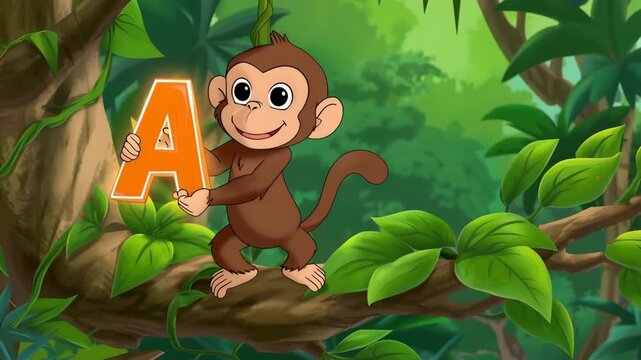 Animated monkey holding letter a in jungle environment for early childhood educational resources and alphabet learning