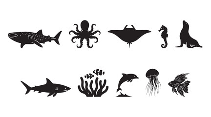 Fototapeta premium Diverse ocean creatures in black silhouette on white background