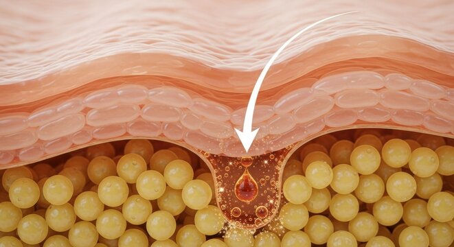 Serum Drop Penetrating Skin Layers to Target Adipocytes and Fat Cells: 3D Scientific Visualization for Cosmetic Treatment Technology