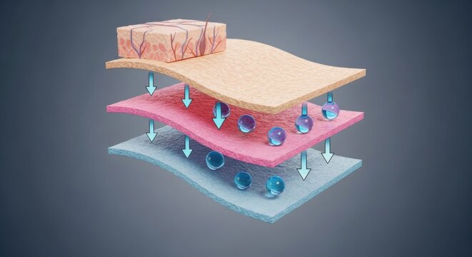 Active ingredient absorption diagram showing spheres penetrating layers of skin tissue for deep moisturizing and cosmetic product effectiveness.