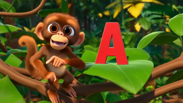 Animated monkey learning alphabet a in jungle with green leaves and vibrant backdrop for educational content