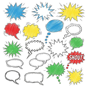 Collection of colorful comic book speech bubbles and shout effects in various styles and shapes isolated on transparent background
