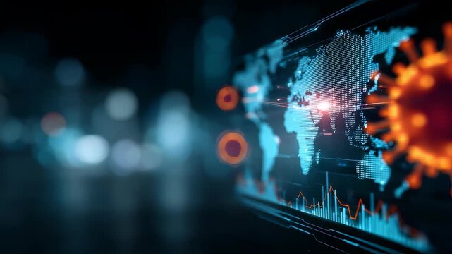 Futuristic digital interface displaying glowing world map with virus icons, data analytics, symbolizing global pandemic impact. Advanced technology, health monitoring merge in this conceptual scene