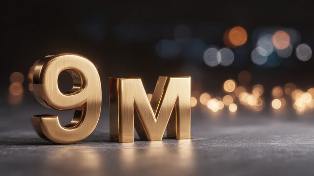 Milestone Celebration With Large Golden 9M Digit in Polished Finish Against Dark Studio Background