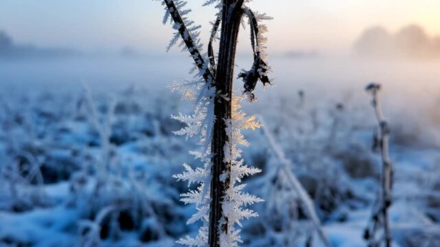 Close up view of frosty crystallized plant covered in snow with tranquil foggy winter landscape