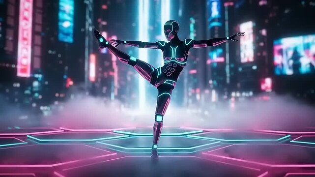 Futuristic Dancer Performing in Neon Cityscape.