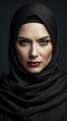 Naklejka premium A close-up portrait of a woman wearing a black hijab with striking green eyes and deep red lipstick against a dark background.