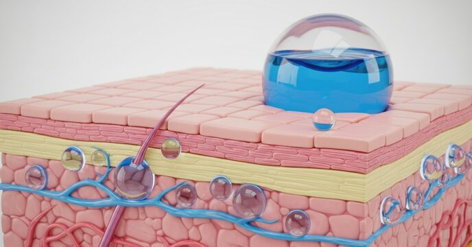 Deep Hydration Science: 3D Skin Layer Model Showing Cosmetic Serum Ingredient Penetration for Moisturizing and Anti-Aging Concept.
