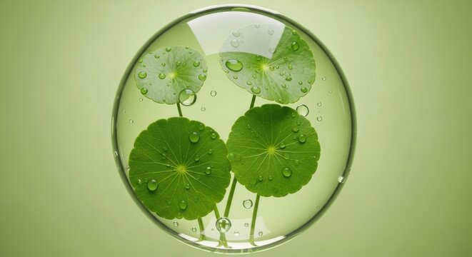 Centella Asiatica Leaves Encapsulated in a Clear Water Sphere, Illustrating Pure Hydrating Botanical Extract for Skincare Formula.