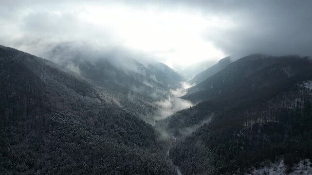 Aerial view of Blatnica Valley in Velka Fatra mountains in Slovakia, winter landscape, 4K, ProRes