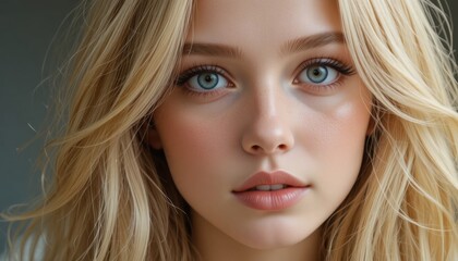 Naklejka premium Close-up portrait of a young woman with blonde hair, blue eyes, and natural makeup, looking directly at the camera with a neutral expression.
