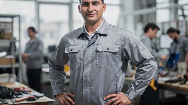 Medium shot of a professional wearing a spotless uniform treated with ultrathin nanocoating showcasing enhanced durability and resistance to dirt and stains in a busy work