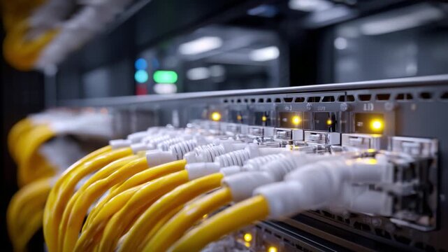 High-tech Network Hub Featuring Bright Yellow Ethernet Cables for Data Connectivity and Efficient Communication in Modern Telecommunications Infrastructure