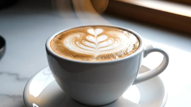 Steaming cappuccino with latte art, decorated with a heart, in a white ceramic mug, standing on a white saucer.