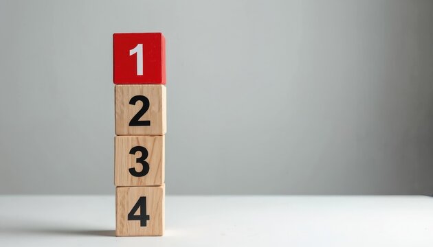 Stack of four wooden blocks with numbers 1 through 4. Top block is red with white number 1. Blocks are stacked vertically, simple design for counting or order.