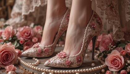 Elegant floral high heels adorned with intricate embroidery, surrounded by pink roses and pearls, exuding romantic vintage charm.