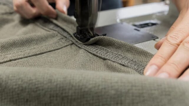Tailor binding the edges of lightweight work shorts hem focusing on neat reinforced trim adding style and extra wear resistance for hot weather workwear.