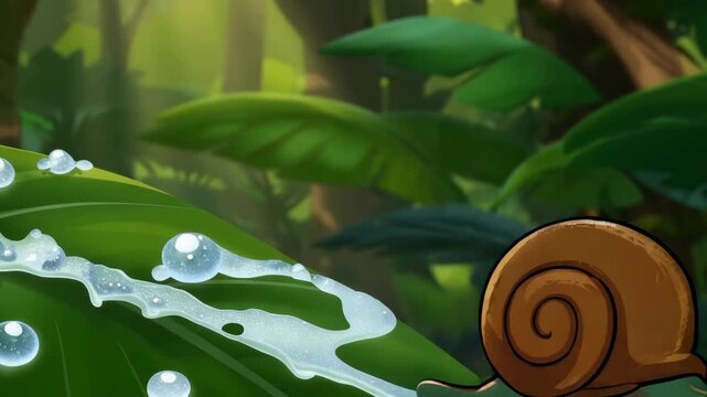 Animated snail and dew drops on tropical leaf closeup in a green forest environment video for educational and naturethemed projects