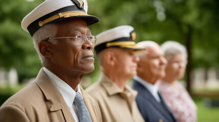 Elderly veterans in uniform standing solemnly together outdoors, senior service members tribute, aged military professionals, patriotic gathering display, defocused background, with copy space