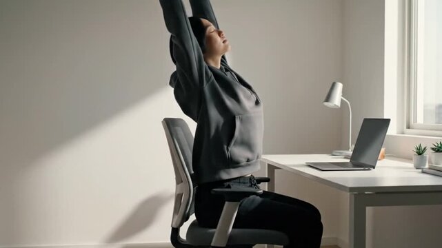 Young woman in a charcoal hoodie stretching her arms above her head while seated at a white desk with a silver laptop and small green plant, bathed in soft window light.