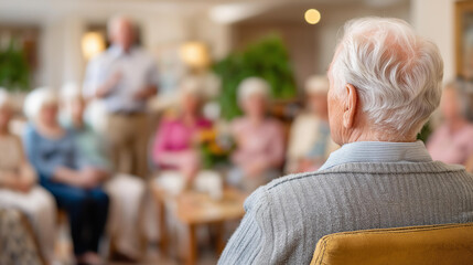 Veteran attending Social Security benefits seminar, presentation tailored to veterans' needs, surrounded by fellow servicemembers in community center, defocused background, with copy space