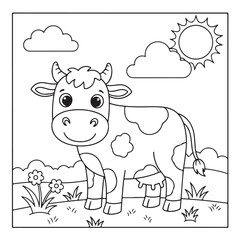 Obraz premium Adorable Cartoon Dairy Cow Coloring Page Vector – Cute Farm Animal with Big Eyes in Sunny Field for Kids Coloring Book, Worksheet, and Printable Art