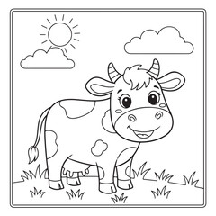 Cute Cartoon Cow Coloring Page Vector Illustration &ndash; Happy Farm Animal with Sun, Clouds, and Flowers for Kids Activity Book and Education Print