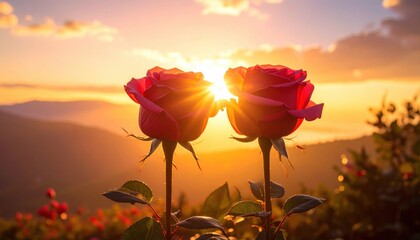 Two vibrant red roses silhouetted against a stunning sunset over rolling hills