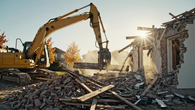 Excavator Demolishing a House with Debris and Dust in a Bright Sunny Day with Orange and Yellow Foliage