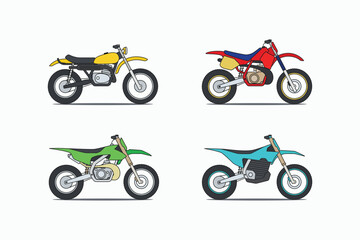 Motocross cartoon style logo icon sign collections. Classic and modern dirt bikes drawing vector illustration
