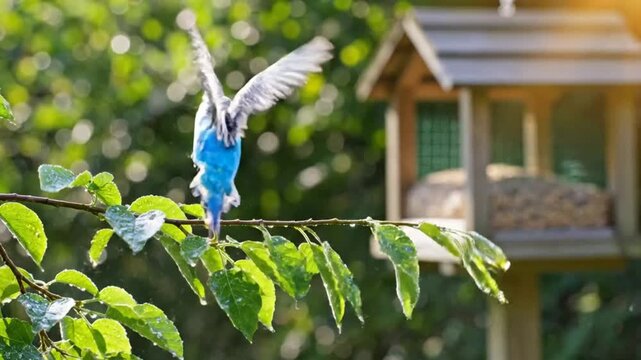 Four colorful budgerigars perched on a branch then taking flight, showcasing natural avian behavior in a garden setting