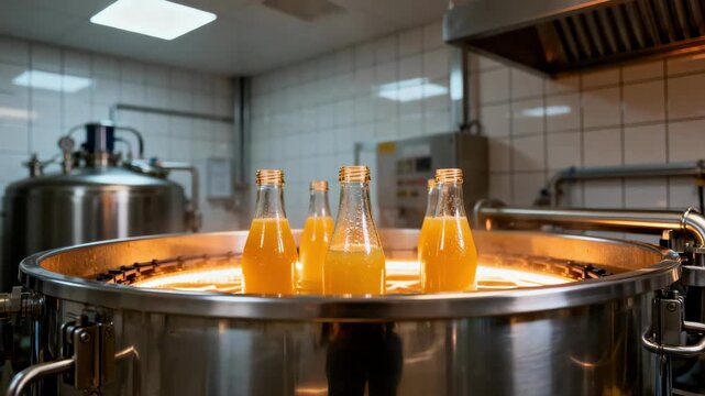 Medium shot of stainless steel vessels gently heating juicefilled glass bottles in a retort and pasteurization room ensuring product safety and extended shelf life.
