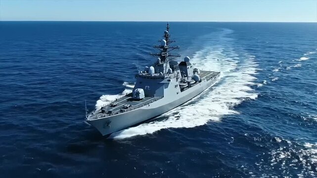 A powerful grey warship majestically glides across the serene blue ocean under a clear sky, showcasing its advanced maritime engineering and military might