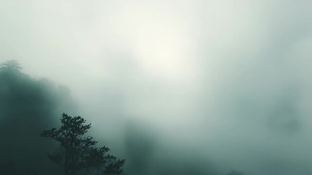 Eerie forest landscape creating a moody atmosphere with dense mist covering tree lines and hills, highlighting the mysterious beauty of nature on a foggy morning