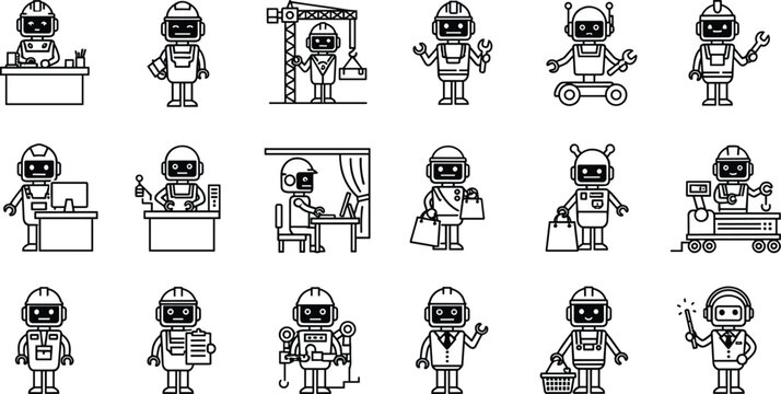 Robot workforce icons set featuring robotic characters in various roles like construction worker, office staff, shopping assistant and engineer, line art vector.