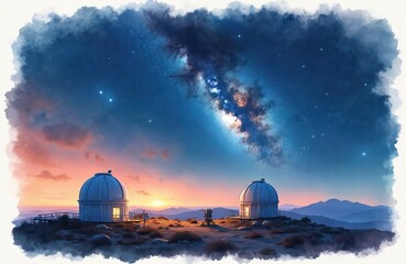 Obraz premium Observatory domes sit on hill under starry night sky and colorful sunset. Astronomers observe universe. Science research and space exploration.
